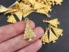 Christmas Tree Charms, Small Christmas Tree Holiday Pendant, Non Tarnish, 22k Matte Gold Plated, 4pc