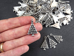 Christmas Tree Charms, Small Christmas Tree Holiday Pendant, Non Tarnish, Matte Antique Silver Plated, 4pc