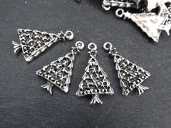 Christmas Tree Charms, Small Christmas Tree Holiday Pendant, Non Tarnish, Matte Antique Silver Plated, 4pc