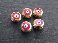 Evil Eye Beads, Pink Evil Eye, Enamel Evil Eye Bead, Bead Spacer, Evil Eye Charm, 22k Matte Gold Plated, 5pc