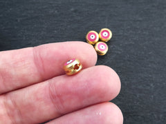 Evil Eye Beads, Pink Evil Eye, Enamel Evil Eye Bead, Bead Spacer, Evil Eye Charm, 22k Matte Gold Plated, 5pc