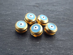 Evil Eye Beads, Blue Evil Eye, Enamel Evil Eye Bead, Bead Spacer, Evil Eye Charm, 22k Matte Gold Plated, 5pc, Sky Blue