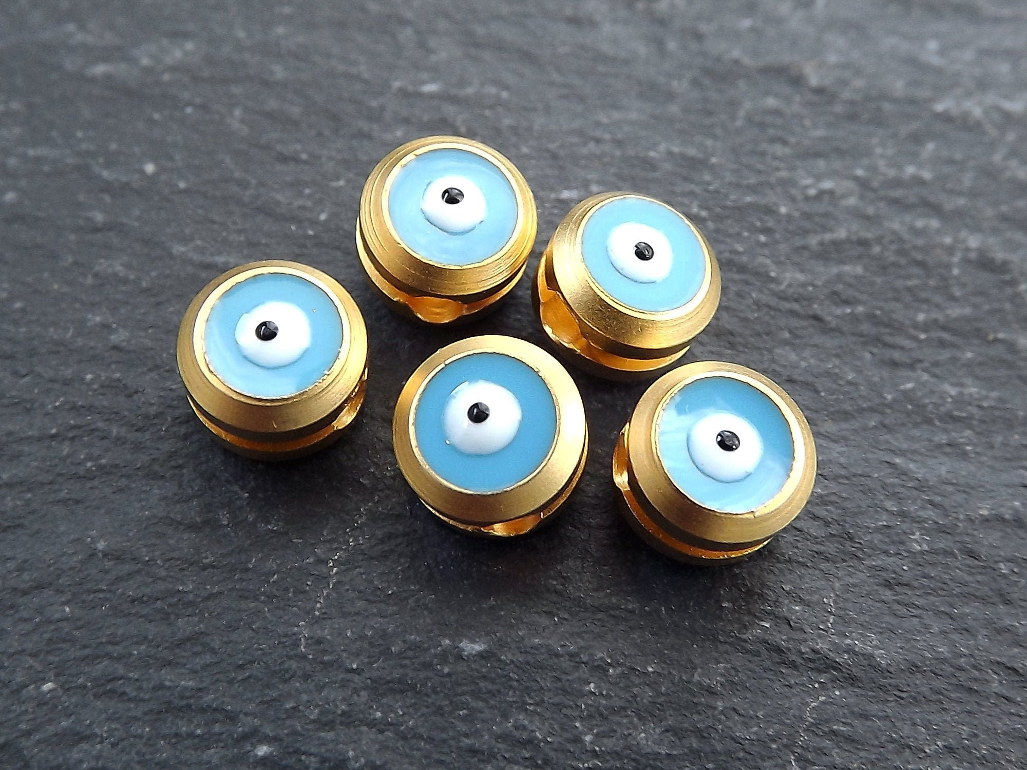 Evil Eye Beads, Blue Evil Eye, Enamel Evil Eye Bead, Bead Spacer, Evil Eye Charm, 22k Matte Gold Plated, 5pc, Sky Blue
