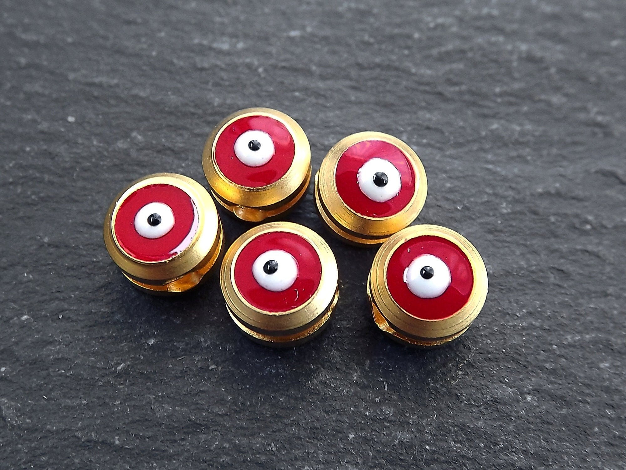 Evil Eye Beads, Red Evil Eye, Enamel Evil Eye Bead, Bead Spacer, Evil Eye Charm, 22k Matte Gold Plated, 5pc, Poppy Red