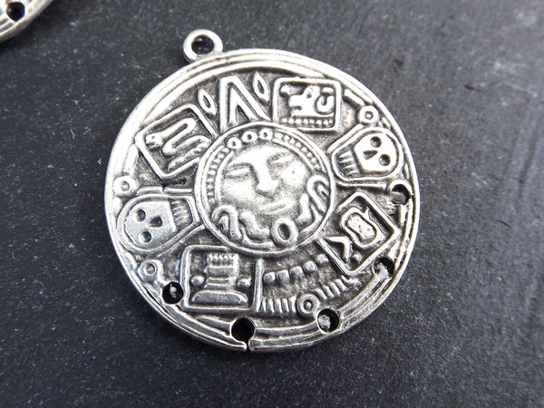 Round Aztec Tribal Pendant, Chandelier Component Connector, Face Skull Pendant, Artisan Craft Supplies, Matte Antique Silver Plated, 1pc