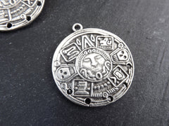 Round Aztec Tribal Pendant, Chandelier Component Connector, Face Skull Pendant, Artisan Craft Supplies, Matte Antique Silver Plated, 1pc