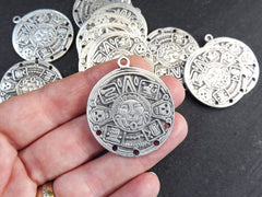 Round Aztec Tribal Pendant, Chandelier Component Connector, Face Skull Pendant, Artisan Craft Supplies, Matte Antique Silver Plated, 1pc