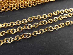 Gold Link Chain, Round Link Chain, Textured Flat Link Chain, 6mm Link, Tarnish Resistant, 22k Matte Gold Plated, 1 Meter = 3.3 feet