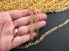 Gold Link Chain, Round Link Chain, Textured Flat Link Chain, 6mm Link, Tarnish Resistant, 22k Matte Gold Plated, 1 Meter = 3.3 feet