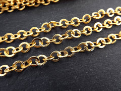 Gold Link Chain, Round Link Chain, Textured Flat Link Chain, 6mm Link, Tarnish Resistant, 22k Matte Gold Plated, 1 Meter = 3.3 feet