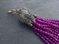 Purple Beaded Tassel Pendant, Violet Purple Facet Cut Jade Gemstone Bead Tassel, Crystal Accents, Antique Bronze, 1PC