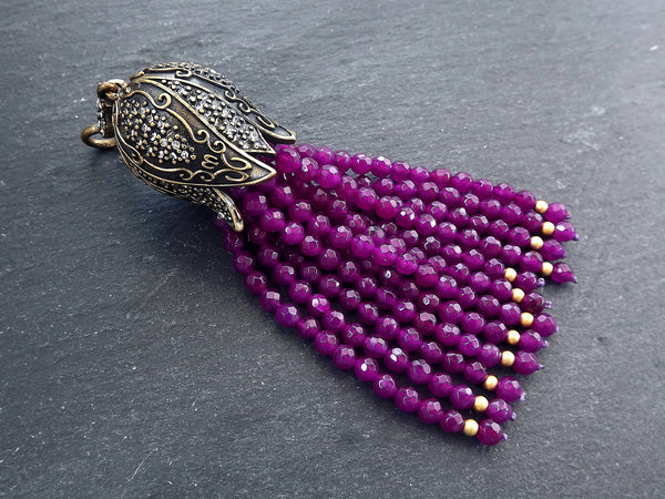 Purple Beaded Tassel Pendant, Violet Purple Facet Cut Jade Gemstone Bead Tassel, Crystal Accents, Antique Bronze, 1PC