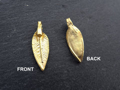 Leaf Charm Pendants, Slim Leaf, Side Facing Loop, Gold Leaves, Bracelet Charms, Small Necklace Pendant, 22k Matte Gold Plated Brass, 6pc