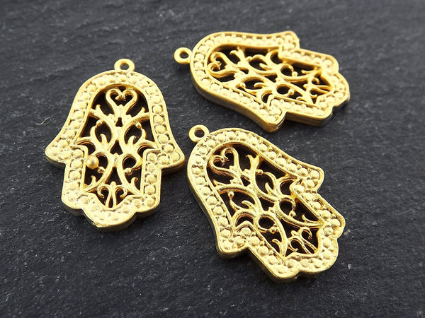 Hamsa Charm, Gold Hand of Fatima Pendant, Miriam Charm, Turkish Hamsa, Good Luck Protective Charm, 22k Matte Gold Plated, 3pc