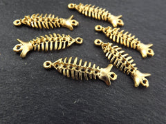 Skeleton Fish Charm Connectors, Fish Bones, Bracelet Connector, Brass Charm, 22k Matte Gold Plated, 6pc