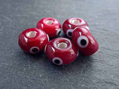 Red Evil Eye Beads, Round Rondelle Evil Eye, Lampwork, Protective Turkish Nazar Amulet Talisman, Good Luck, 10x6mm 5pc