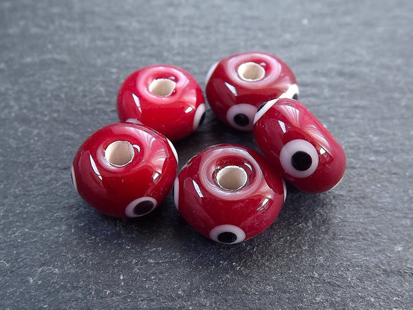 Red Evil Eye Beads, Round Rondelle Evil Eye, Lampwork, Protective Turkish Nazar Amulet Talisman, Good Luck, 10x6mm 5pc