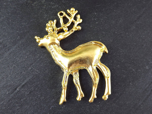 Reindeer Pendant, Reindeer Ornament, Gold Reindeer, Stag Pendant, Christmas Pendant Charm. Holiday Pendant, 22k Matte Gold Plated, 1pc