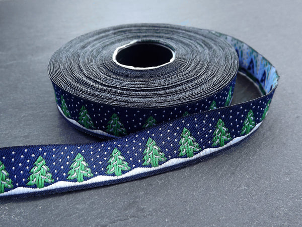 16mm Navy Christmas Tree Ribbon Snow, Christmas Ribbon, Embroidered Jacquard, Holiday, 10 meter Roll = 10.9 Yards