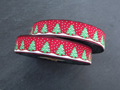 16mm Red Christmas Tree Ribbon Snow, Christmas Ribbon, Embroidered Jacquard, Holiday, 10 meter Roll = 10.9 Yards