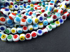 White Evil Eye Beads, Rainbow Colorful Glass Eye Beads, Chunky Rondelle, Rustic Traditional Turkish Artisan Handmade, Lucky Protective Nazar