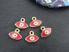 Enamel Evil Eye Charms, Pink Eye Pendant Charm, Rustic Evil Eye Charm, 22k Matte Gold Plated, 5pc