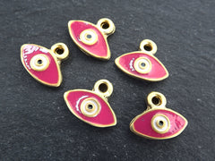 Enamel Evil Eye Charms, Pink Eye Pendant Charm, Rustic Evil Eye Charm, 22k Matte Gold Plated, 5pc