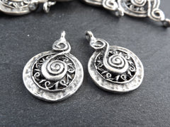 2 Ethnic Spiral Charms, Rustic Pendant, Rustic Charms, Silver Charms, Ethnic Charms, Tribal Charms, Matte Antique Silver Plated, Type 2