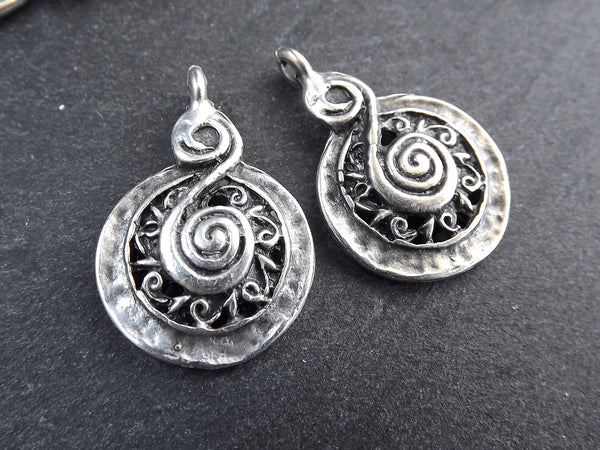 2 Ethnic Spiral Charms, Rustic Pendant, Rustic Charms, Silver Charms, Ethnic Charms, Tribal Charms, Matte Antique Silver Plated, Type 2