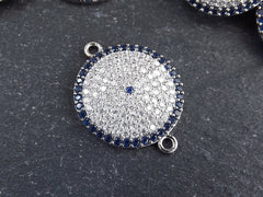 Round Rhinestone Evil Eye Charm Connector, Micro Pave Disc, Greek Eye, Turkish Eye, Protective Talisman, Lucky Amulet, Silver Plated, T2