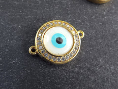 Evil Eye Charm Bracelet Connector, White Round Eye Pendant, Protective Talisman, Rhinestone Pave, Shiny 22k Gold Plated, 1PC, 15mm