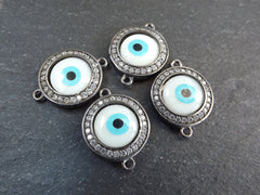 Evil Eye Charm Bracelet Connector, White Round Eye Pendant, Protective Talisman, Rhinestone Pave, Gunmetal Plated, 1PC, 15mm