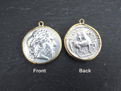 Greek Coin Pendant Gold Frame Bezel, Zeus Coin, Philip II Coin, Medallion Charm, Ancient Greek Coin, Shiny Gold, Antique Silver Plated No:17