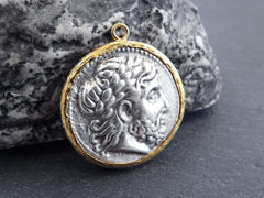 Greek Coin Pendant Gold Frame Bezel, Zeus Coin, Philip II Coin, Medallion Charm, Ancient Greek Coin, Shiny Gold, Antique Silver Plated No:17