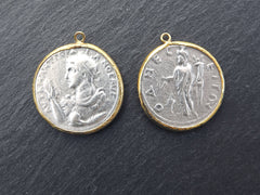 Greek Coin Pendant Gold Frame Bezel, Constantine Coin, Medallion Charm, Ancient Greek Coin, Shiny Gold, No:111 Antique Silver Plated