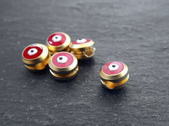 Evil Eye Beads, Red Evil Eye, Enamel Evil Eye Bead, Bead Spacer, Evil Eye Charm, 22k Matte Gold Plated, 5pc, Poppy Red