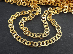 Gold Link Chain, Round Link Chain, Textured Flat Link Chain, 6mm Link, Tarnish Resistant, 22k Matte Gold Plated, 1 Meter = 3.3 feet