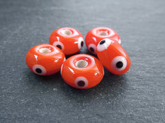 Orange Evil Eye Beads, Round Rondelle Evil Eye, Lampwork, Protective Turkish Nazar Amulet Talisman, Good Luck, 10x6mm 5pc