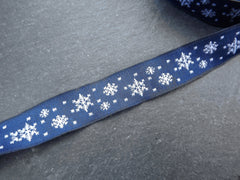 16mm Navy Snowflake Ribbon, Christmas Ribbon, Blue Snow Ribbon, Embroidered Jacquard, Holiday, 10 meter Roll = 10.9 Yards