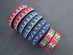 16mm Red Christmas Tree Ribbon Snow, Christmas Ribbon, Embroidered Jacquard, Holiday, 10 meter Roll = 10.9 Yards
