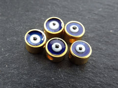 Evil Eye Beads, 6mm Blue Evil Eye, Enamel Evil Eye Bead, Bead Spacer, Evil Eye Charm, 22k Matte Gold Plated, 5pc, Navy Blue