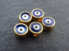 Evil Eye Beads, 6mm Blue Evil Eye, Enamel Evil Eye Bead, Bead Spacer, Evil Eye Charm, 22k Matte Gold Plated, 5pc, Navy Blue