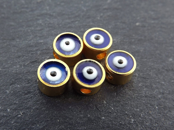 Evil Eye Beads, 6mm Blue Evil Eye, Enamel Evil Eye Bead, Bead Spacer, Evil Eye Charm, 22k Matte Gold Plated, 5pc, Navy Blue