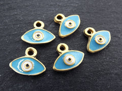 Evil Eye Charms, Blue Evil Eye, Enamel Evil Eye Charm, Rustic Evil Eye Charm, 22k Matte Gold Plated, 5pc, Light Blue
