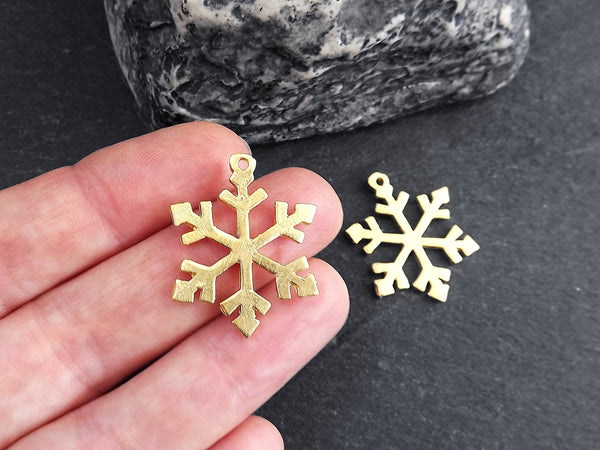 Gold Snowflake Pendant, Snowflake Charms, Winter Charm, Christmas, Holidays, 22k Matte Gold Plated Brass , 2pc, Type 2