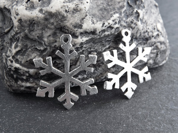 Silver Snowflake Pendant, Snowflake Charms, Winter Charm, Christmas, Holidays, Matte Antique Silver Plated Brass , 2pc, Type 2