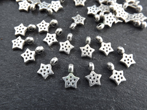 Mini Silver Star Charms, Tiny Star Pendant Charm, Small Gold Charms, Matte Antique Silver Plated Brass