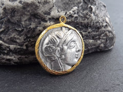Greek Coin Pendant Gold Frame Bezel, Athena Coin, Owl of Wisdom, Medallion Charm, Greek Coin, Shiny Gold, Antique Silver Plated N0:105