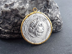 Greek Coin Pendant Gold Frame Bezel, Goddess Artemis Coin, Medallion Charm, Ancient Greek Coin, Shiny Gold, Antique Silver Plated, No:104