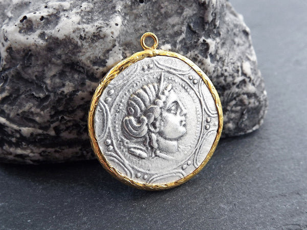 Greek Coin Pendant Gold Frame Bezel, Goddess Artemis Coin, Medallion Charm, Ancient Greek Coin, Shiny Gold, Antique Silver Plated, No:104